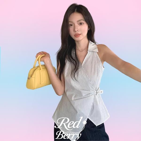 Red Berryเสื้อกั๊กแขนกุดคอวีลายทางไม่สม่ำเสมอสไตล์ฝรั่งเศสสำหรับผู้หญิงช่วงฤดูร้อน99161