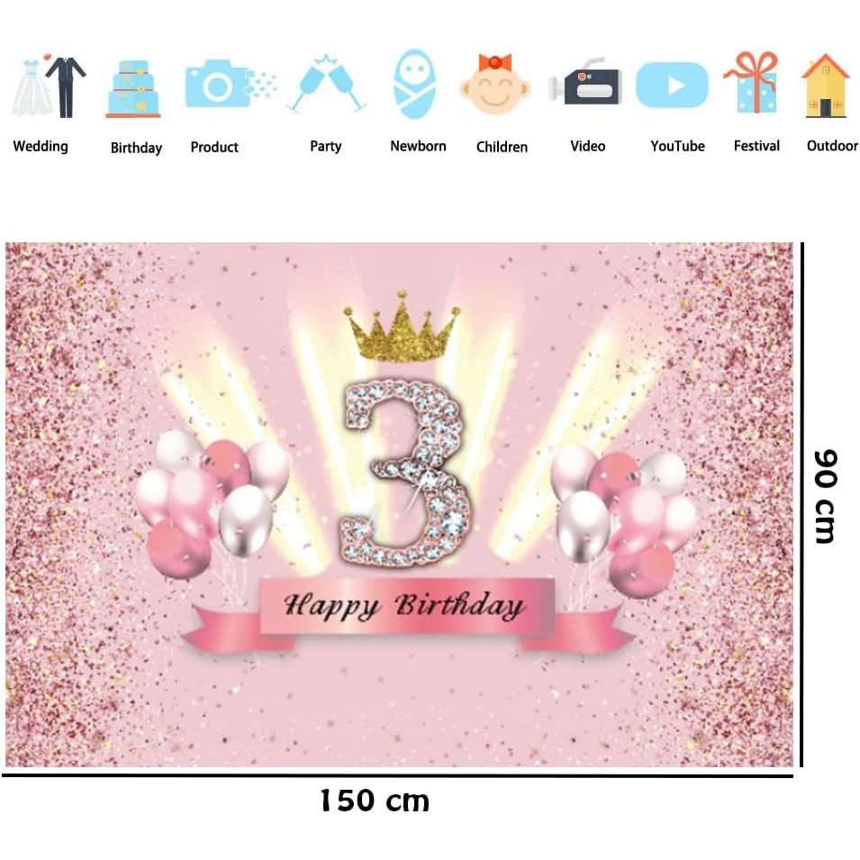 3rd ตกแต่งวันเกิดสําหรับสาว Happy 3rd วันเกิดฉากหลังแบนเนอร์ Party Deco สาว 3 ปี Anniversary Party ผ