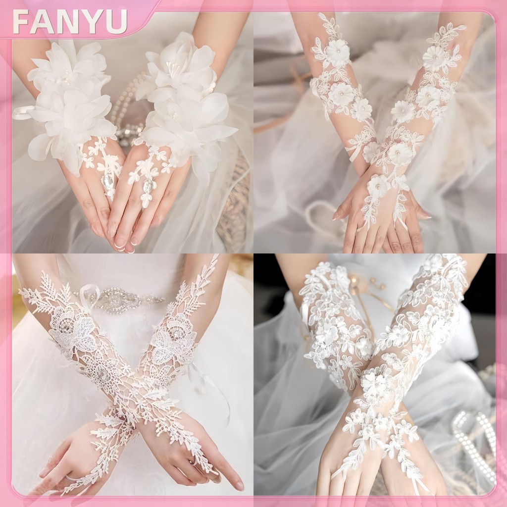 FANYU ถุงมือแต่งงานลูกไม้สั้นยาวสําหรับข้อเสนอภาพชุดราตรีงานแต่งงาน FANYU