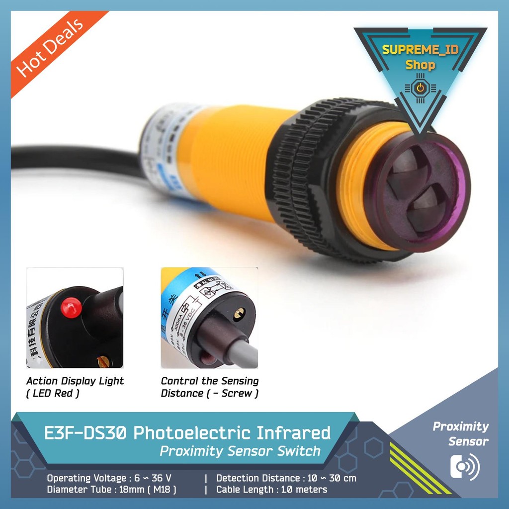 E3F-DS30 โฟโตอิเล็กทริค IR อินฟราเรด Proximity Sensor NPN/PNP (NO/NC) | 6-36Vdc | 10-30ซม | ม18 | สา