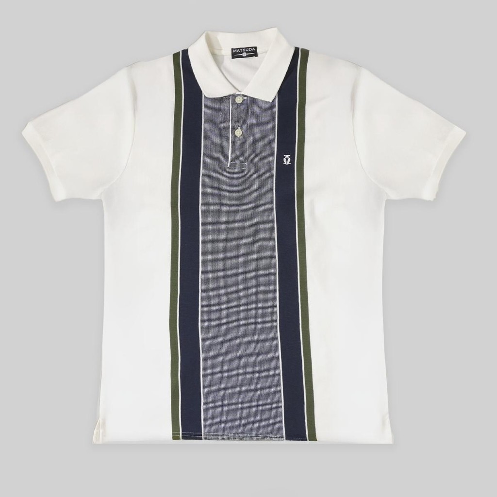 KATUN MATSUDA Wajima เสื้อโปโลลายทางผู้ชาย Offwhite พร้อมคอปกผ้าฝ้าย