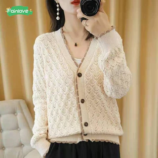 ผู้หญิงกลวงเสื้อกันหนาวคาร์ดิแกนคอวีสีทึบบางทุกการแข่งขันแฟชั่นถักคาร์ดิแกนแขนยาว