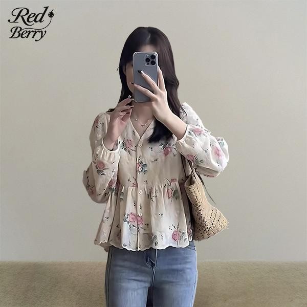 Red Berry เสื้อเชิ้ตแขนยาวลายดอกไม้สไตล์ฝรั่งเศสสำหรับผู้หญิง ทรงแขนพองรุ่นใหม่ฤดูใบไม้ผลิ 99188