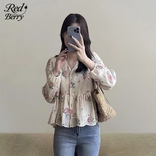 Red Berry เสื้อเชิ้ตแขนยาวลายดอกไม้สไตล์ฝรั่งเศสสำหรับผู้หญิง ทรงแขนพองรุ่นใหม่ฤดูใบไม้ผลิ 99188