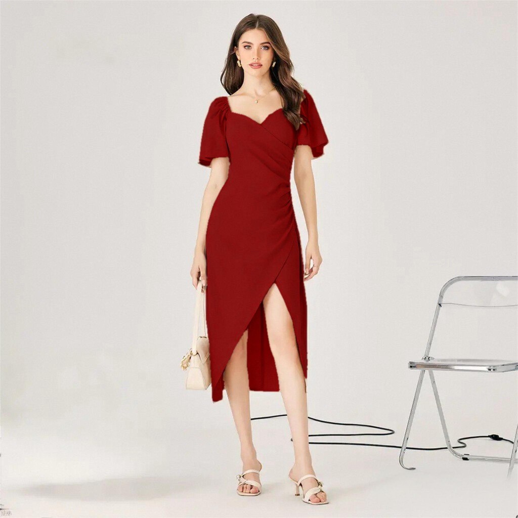 ชุดราตรี เดรสสีแดง เดรสเกาะอก บายๆ ผู้หญิง แฟชั่น dress world กระโปรงยาว แฟชั่น XXXL				