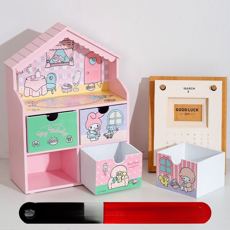 Sanrio Melody Storage เครื่องสําอางกล่องเก็บของไม้เดสก์ท็อปการ์ตูนน่ารักลิ้นชักสาวหัวใจกล่อง