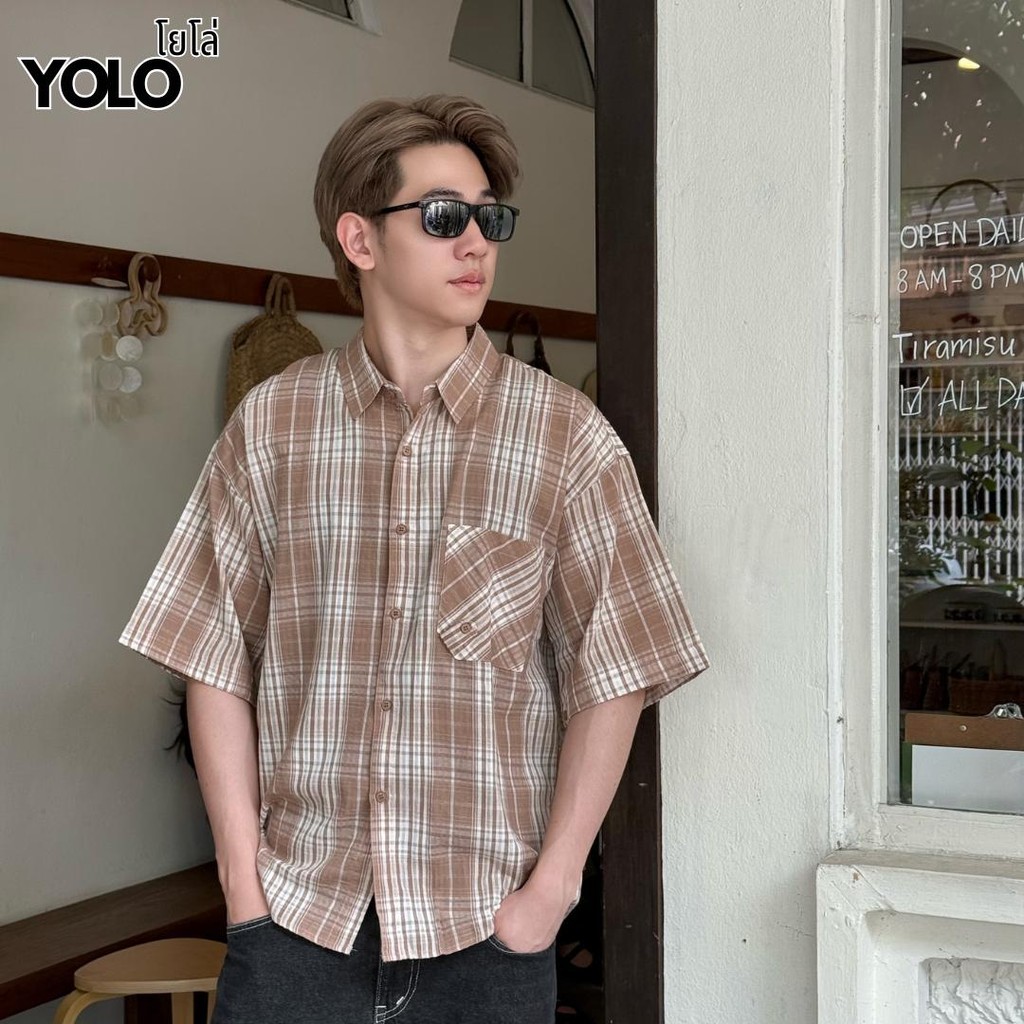 YOLO เสื้อเชิ้ต OVERZISE เสื้อเชิ้ตผู้ชาย เสื้อเชิ้ตลายทาง แขนสั้น ติดกระดุมหน้า Y252363 ราคา ถูกที่สุด ดีลบีเคเค แกลเลอรีภาพที่ 6