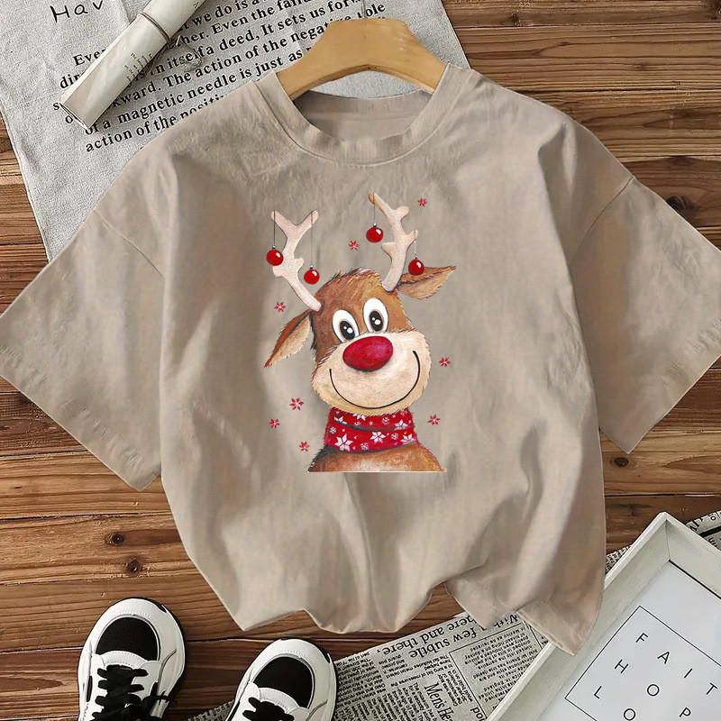 คริสต์มาสมาใหม่กวางด้านบนข้ามพรมแดน2025EBAY ผ้าฝ้ายใหม่ยุโรปอเมริกันการค้าต่างประเทศแขนสั้นผู้หญิงสไ