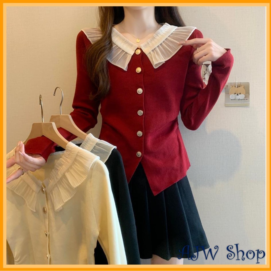 NJ28WA AJW เสื้อลูกไม้ผู้หญิง Premium ถักคอปกแขนยาว RBE | พรีเมี่ยมถักซี่โครงลูกไม้ปกเสื้อผู้หญิง | 