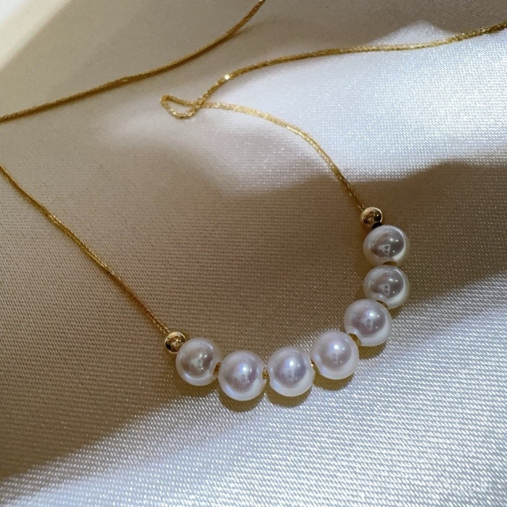 ยิ้มออโรร่ากระดูกไหปลาร้าโซ่มุกยิ้มสร้อยคอ4-5มิลลิเมตรออกแบบซอก18พันทองที่สวยหรูแสงหรูหราน้ําจืดที่เ