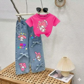 PINKชุดเซ็ทเด็กลายสุดฮิต เสื้อสกรีนลาย+กางเกงยีนส์แท้สกรีนลายแต่งโบว์