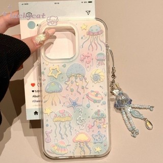 เข้ากันได้กับ iPhone 16 15 14 13 12 11 Pro Max X Xr Xs Max 7 8 Plus SE2020 เคสโทรศัพท์ Ins แมงกะพรุนที่มีสีสัน + Lanyard Soft ฝาหลัง
