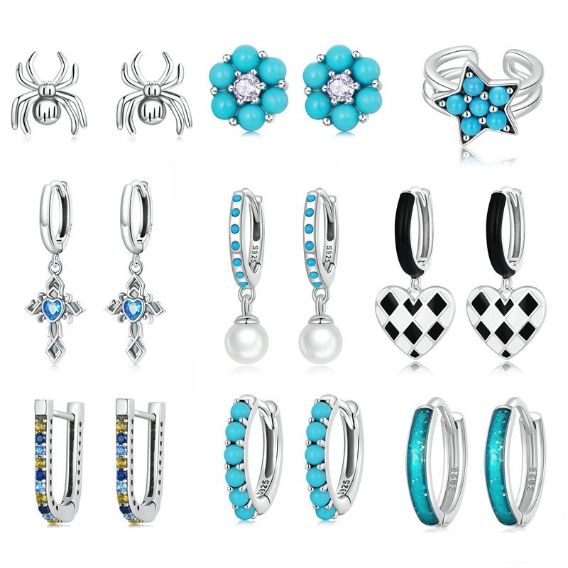 ต่างหูเงิน s925 ลายแมลง สีดำและขาว สไตล์ใหม่จาก Dark Series Checkerboard - R4YO