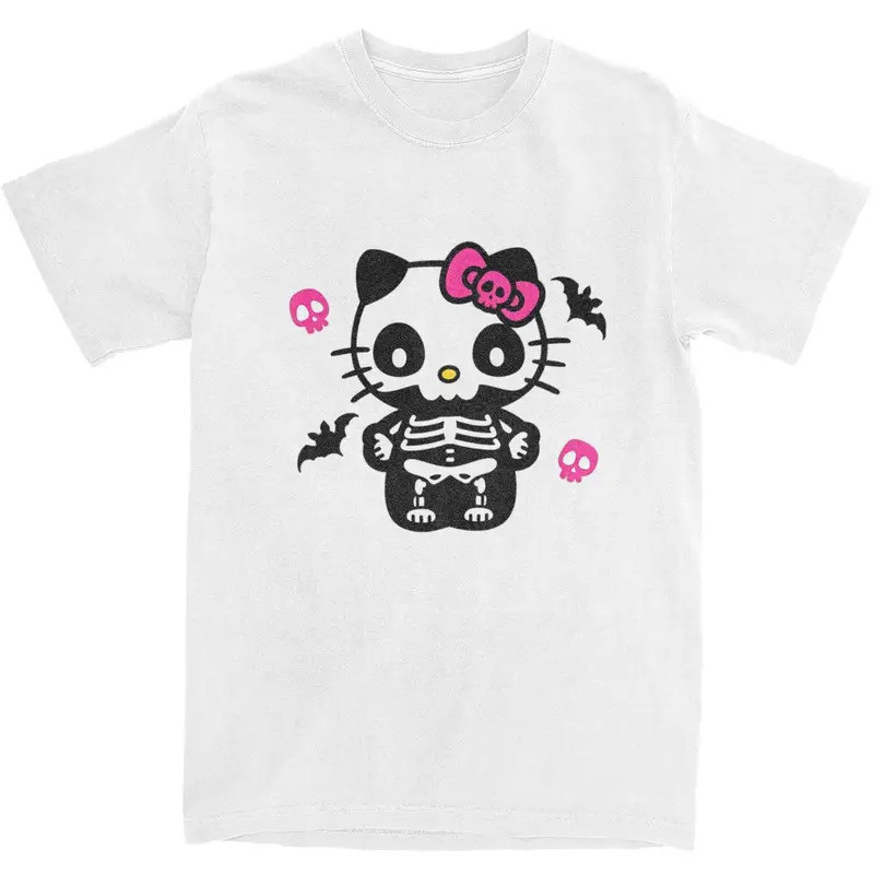 แฟชั่นฮาโลวีนเสื้อยืดผู้ชาย Hello Kitty การ์ตูนน่ารักญี่ปุ่น Vintage Beach Top Y2K O-คอเสื้อยืดขนาดใ