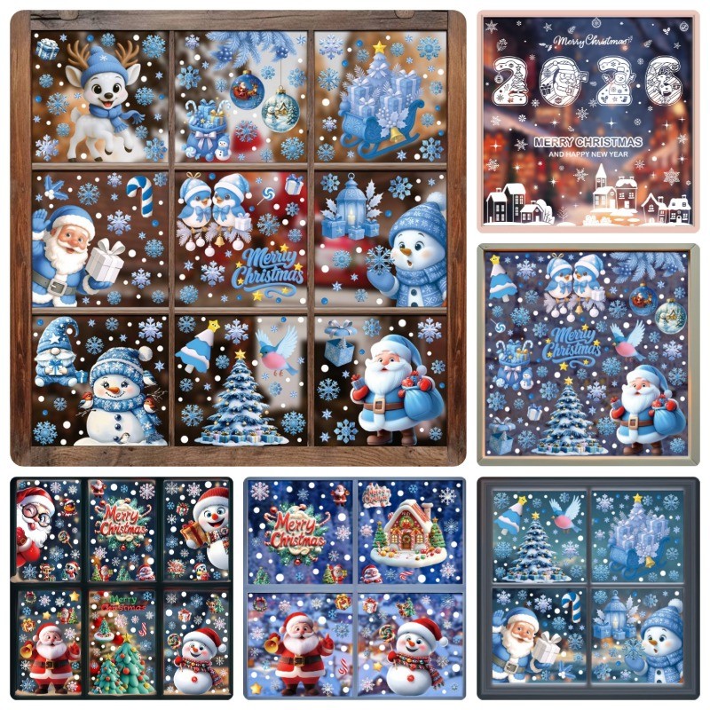 COD สติกเกอร์คริสต์มาส PVC สไตล์การ์ตูนสีฟ้า ตกแต่งคริสต์มาส สติ๊กเกอร์สูญญากาศ สติกเกอร์ประตูกระจก