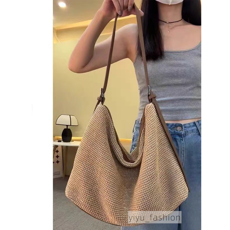 กระเป๋าถักเฉพาะกลุ่ม แฟชั่นใหม่ไหล่เดียวฟางถักกระเป๋าความจุสูง Commuter Tote กระเป๋า