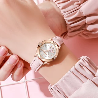 Sanrio Hello Kitty Kuromi นาฬิกาน่ารักการ์ตูน Rose Gold พร้อมเข็มขัดเพชรนาฬิกาผู้หญิงนาฬิกาควอตซ์
