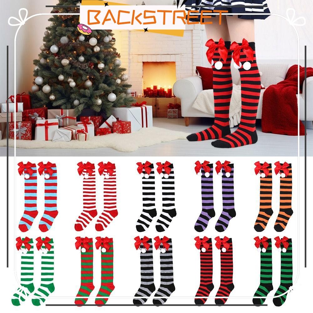 BACKSTAGE Christmas Socks, Anti Friction โพลีเอสเตอร์ Christmas Stocking, Cute Stripe Bow Hair Ball 