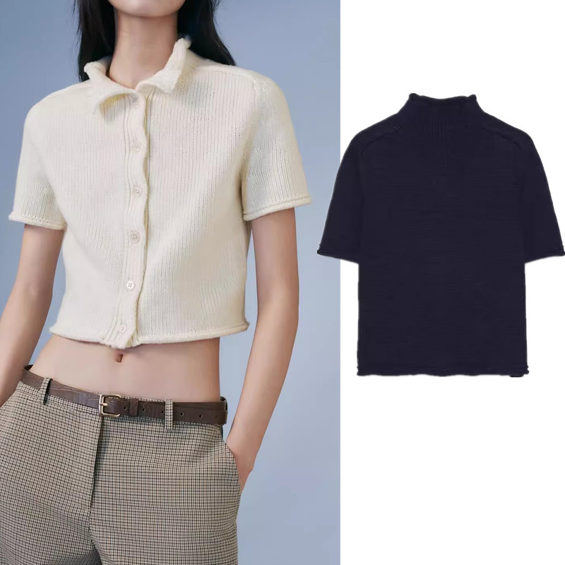 เสื้อแจ็คเก็ตคาร์ดิแกนถัก แบบคอเต่าแขนสั้น มีกระดุมแถวเดียว