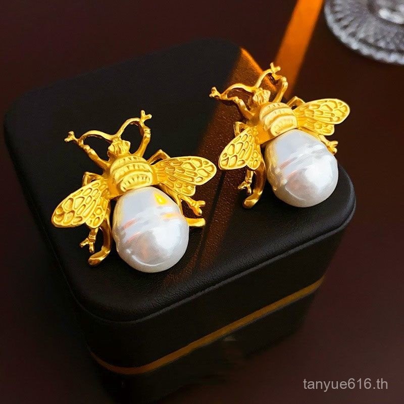 0424-PXXS-YL Dragon Year Mid-Ancient Vintage Earrings 925 Silver Needle Pleated Metal Bee Pearl Earr