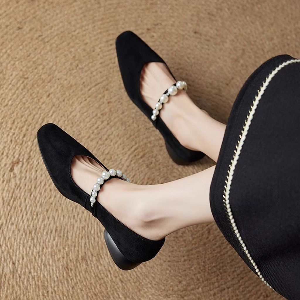 FOXER รองเท้าแมรี่เจนแฟชั่นสำหรับผู้หญิงตกแต่งมุกส้นหนาหัวเหลี่ยมน้ำหนักเบา พอดีแต่งงานรองเท้าออฟฟิศ