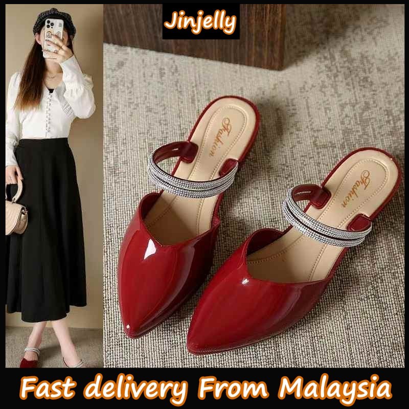 ผู้หญิงเพชรสายอาหารค่ํารองเท้า Kasut Kerja Wanita Low Heel Mules Kasut Bertutup Depan Sandal Slip On