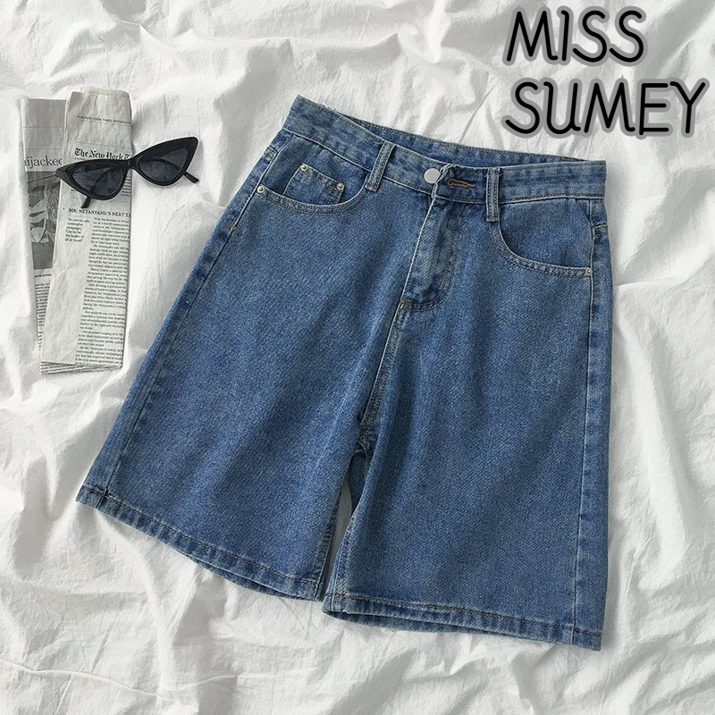 💜MISS SUMEY💜 S-4XL(26-37นิ้ว) พลัสไซส์ เดนิม กางเกงขาสั้น ผู้หญิง สไตล์เกาหลี ย้อนยุค ลำลอง เอวสูง กางเกงยีนส์