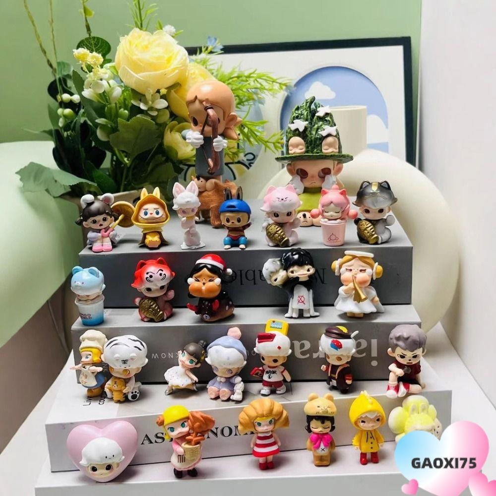 GAOXI75 DIMOO Box, Lucky Cat POPMART Mini Jewelry, Animal Kingdom Series POPBEAN Time Roaming Series รูปปั้นขนาดเล็ก