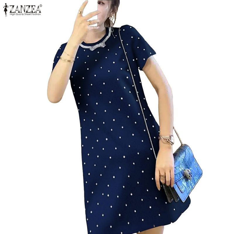ZANZEA กระโปรงจุดโปลกาดอร์ สไตล์เกาหลีเรโทร แขนสั้นมีโบว์