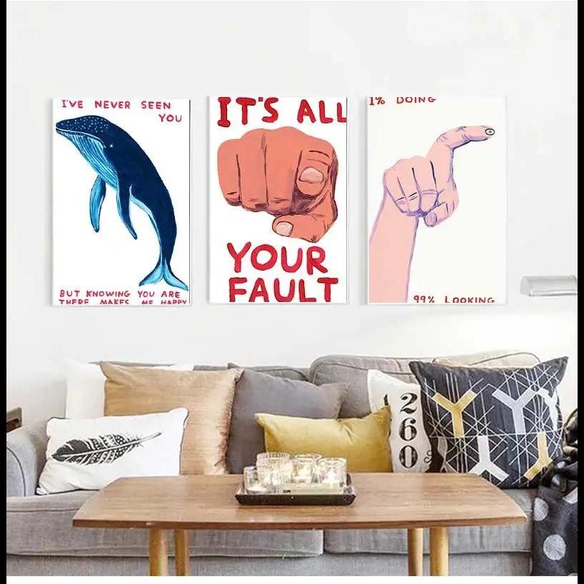 David Shrigley 'It's Your Fault' ศิลปะสัตว์นามธรรมโปสเตอร์ - ภาพวาดผ้าใบตลกแปลกสำหรับห้องเด็ก - ของข