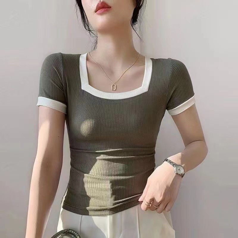 เสื้อแฟชั่นคอเหลี่ยมถักแขนสั้น สไตล์ม้า FDL3