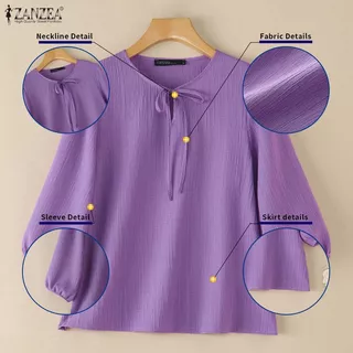 ZANZEA ผู้หญิงเกาหลีอ่อนโยนหวานรอบคอ 3/4 แขนโคมไฟ Tie-Up Bowknot สีทึบเสื้อ