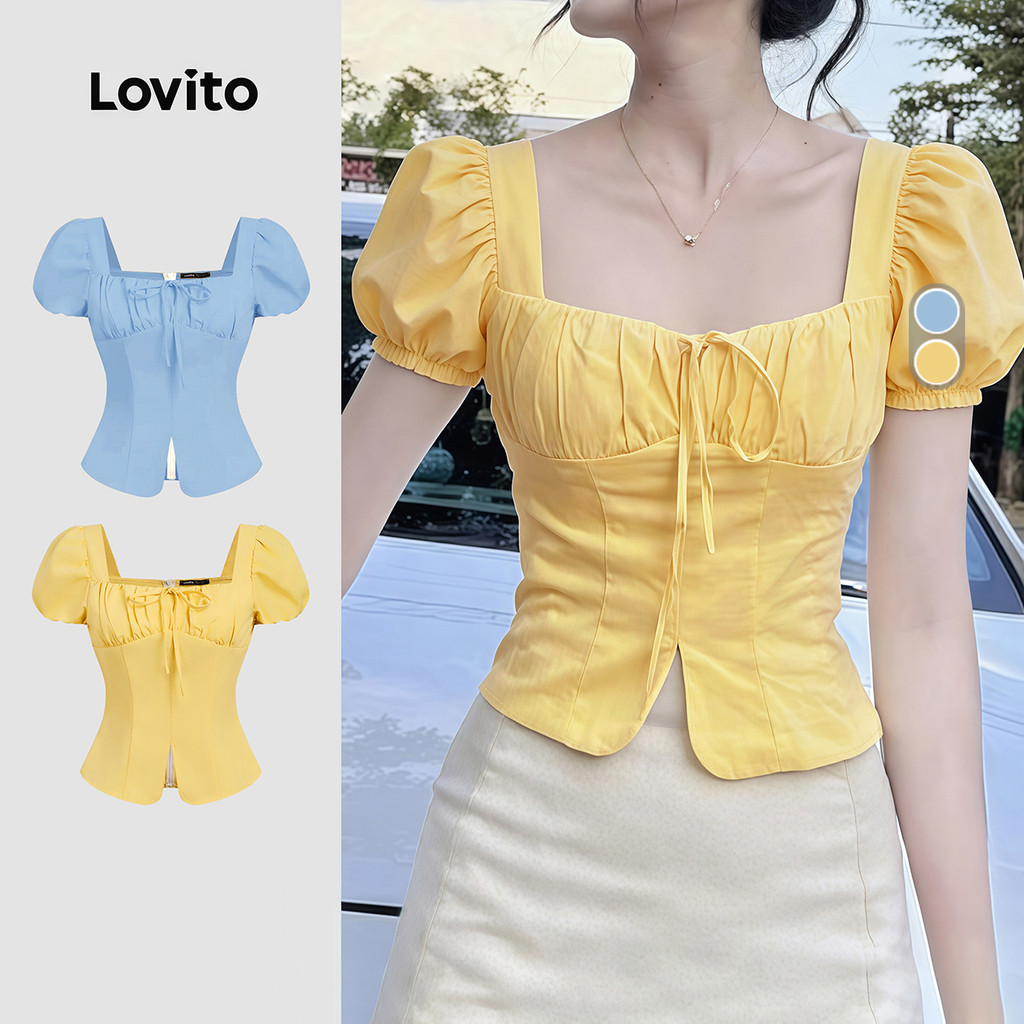 Lovito เสื้อเชิ้ตผู้หญิงสีเหลืองสําหรับฤดูใบไม้ผลิ/ฤดูร้อน แต่งลูกไม้และจีบพลีท LK4ED1330