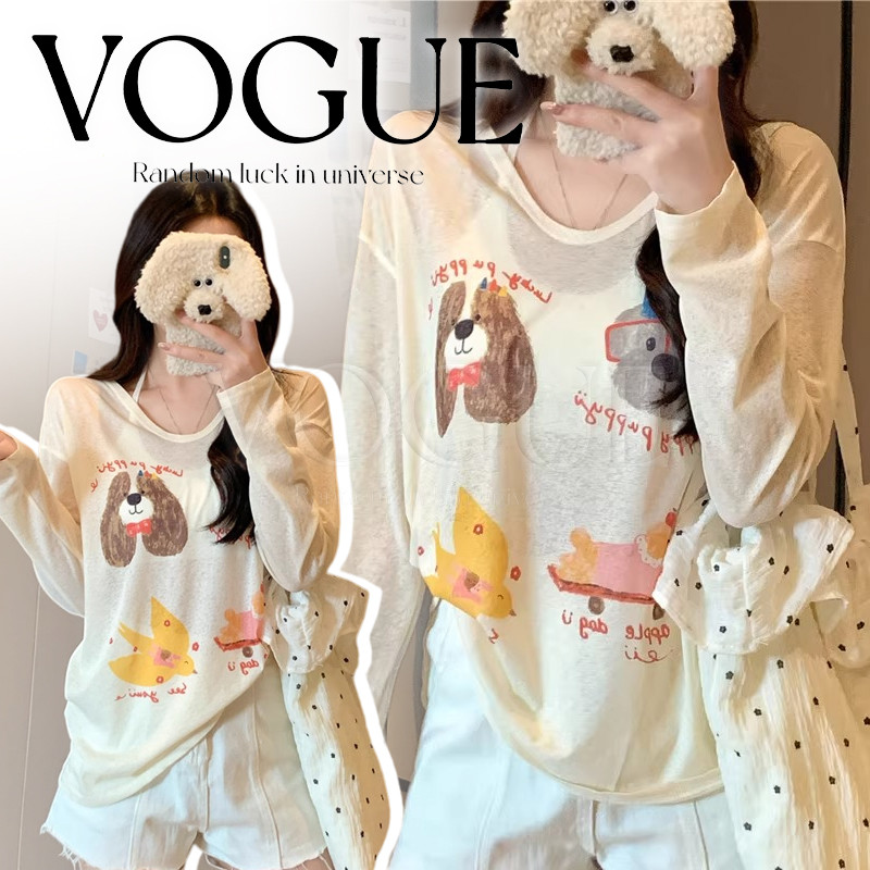 Vogue🌟พร้อมส่ง🌟 เสื้อแขนยาวคอกลม ทรงหลวมผ้าบางเบา ดีไซน์รูปภาพสัตว์น่ารัก ใส่สบาย (FY7884)