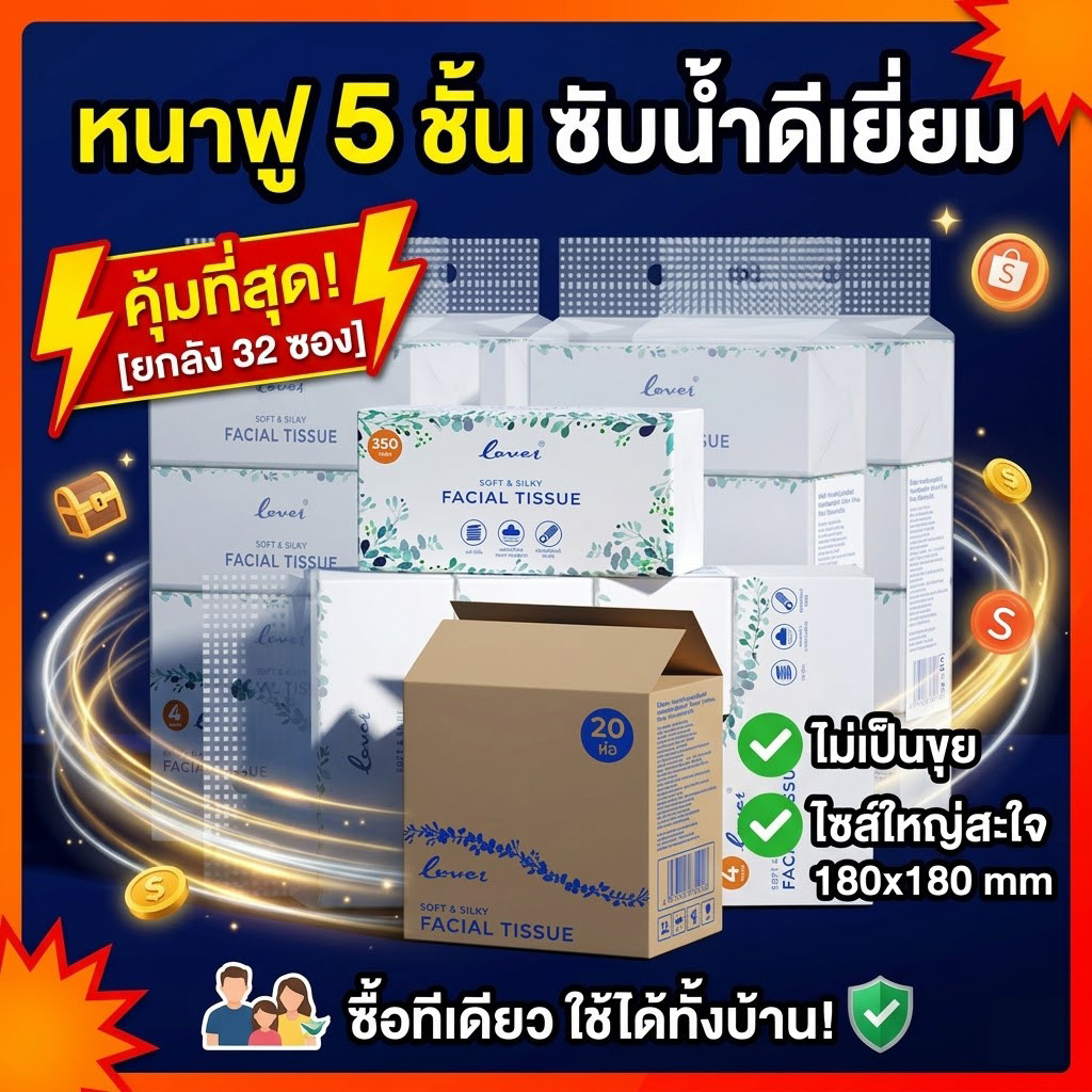 ยกลัง 32 ห่อ กระดาษทิชชู่เช็ดหน้า ทิชชู หนา 5 ชั้น 350 แผ่น เกรด GB/T20808 tissue กระดาษชำระ ส่งเร็วจากไทย