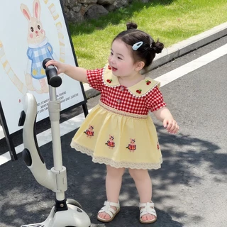 เด็กฤดูร้อนชุดลูกไม้ตุ๊กตาปกสีฟ้าสดลายสก๊อตแขนสั้นชุดเจ้าหญิงเด็กสาวชุด