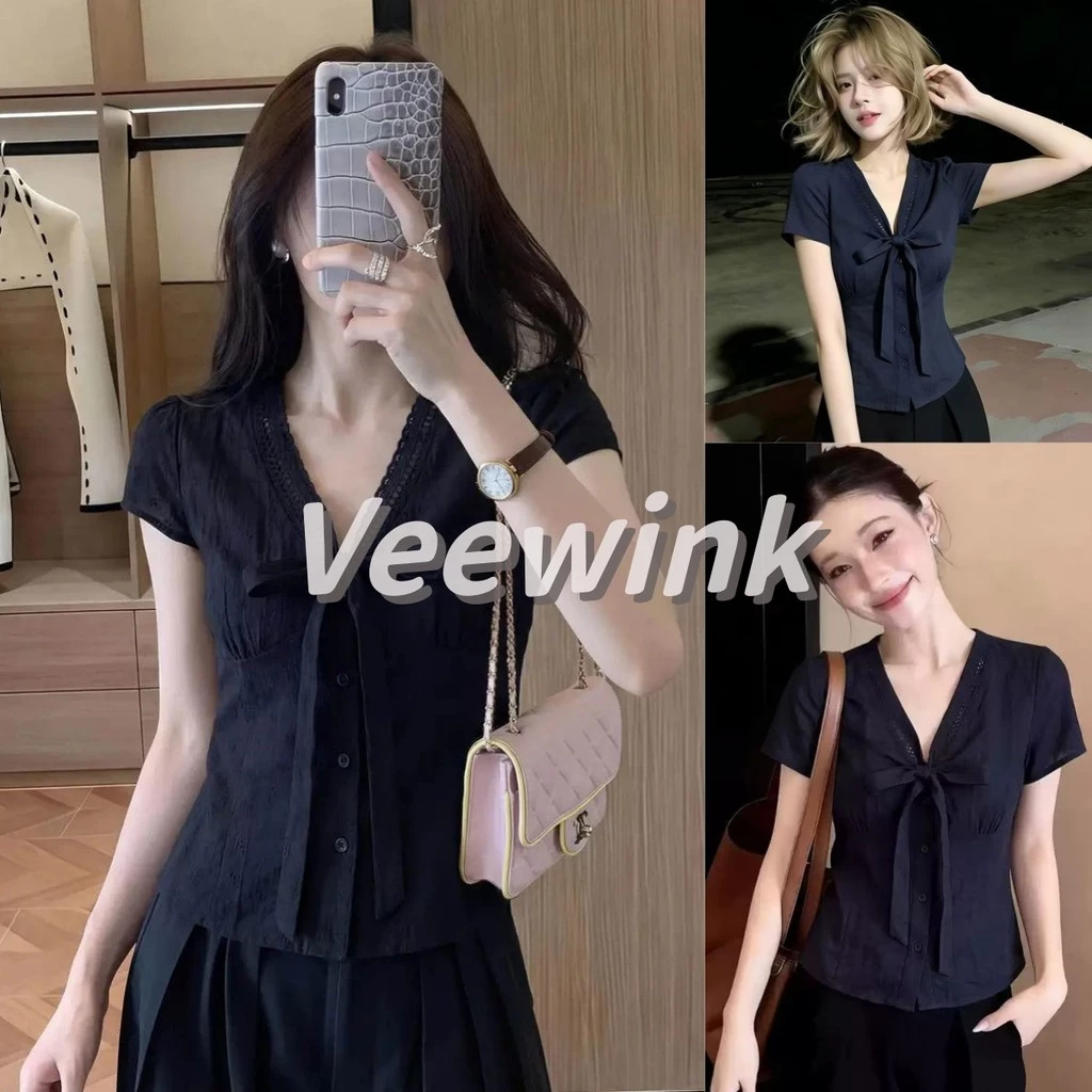 Veewink เสื้อเชิ้ตแขนสั้นคอวีสีน้ำเงินเข้ม โบว์เกาหลี สไตล์ลำลอง ดูดี สวยปัง แมทช์ง่าย กันแดด