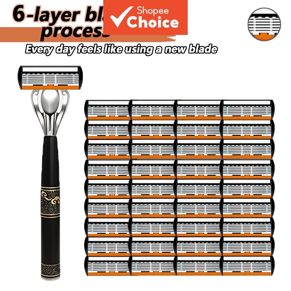 เครื่องโกนหนวดแบบแมนนวล ใบมีดโกน 6 ชั้น ใบมีดคมทนนาน เหมาะสําหรับผิวแพ้ง่าย โกนแบบมืออาชีพ ของขวัญสําหรับผู้ชาย
