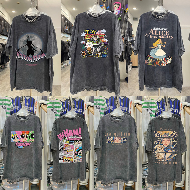 （จัดส่งตลอด 24 ชั่วโมง）ส่งไวจากไทย เสื้อฟอก oversize Pofloret โอเวอร์ไซส์ ผ้าฟอกวินเทจ รวมลายยอดฮิต HAPPY_SHOPTH-COTTON