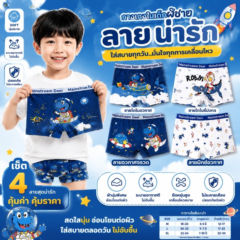 กางเกงในเด็กผู้ชาย ลายไดโนเสาร์อวกาศ 4 ตัว ผ้าคอตตอนนุ่มระบายอากาศดีซับเหงื่อ ใส่สบายไม่อับชื้น ยืดหยุ่นดีลายฮิต เด็กชอบ