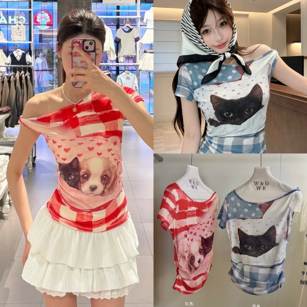 ❤ 🧵 🇰🇷 W9639 เสื้อปาดไหล่ ลายน้องหมา น้องแมวใส่ในวันสบายๆ งานเก๋มากๆ  แฟชั่นเกาหลี TAG WG.WE 🧡