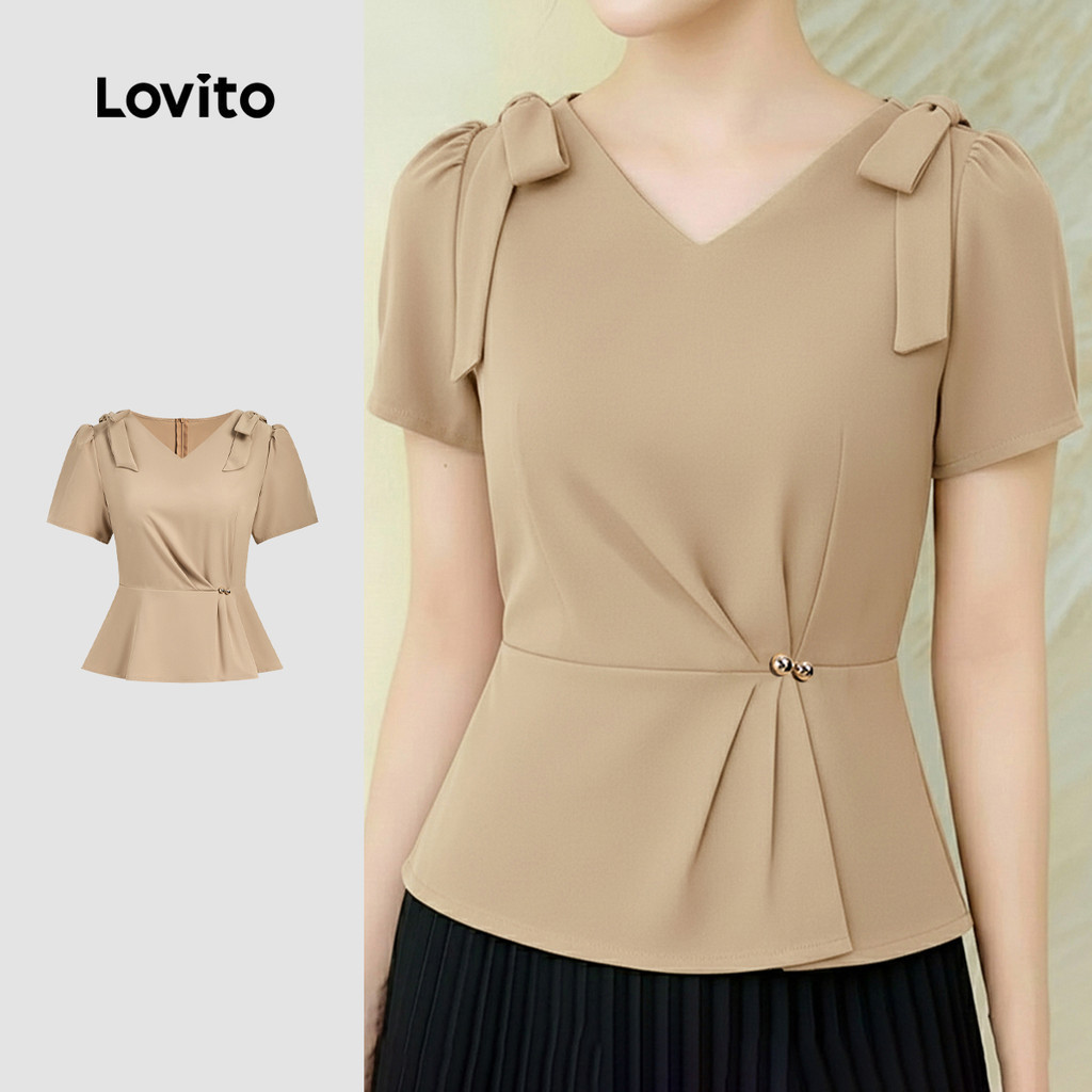 Lovito  เสื้อเชิ้ตผู้หญิงฤดูใบไม้ผลิ/ฤดูร้อนสีเขียวกากี ประดับโบว์และกระดุมพลีท L178LD094