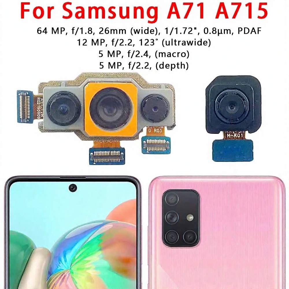 กล้องด้านหน้าด้านหลังสําหรับ Samsung Galaxy A71 A715 โมดูลกล้องด้านหลังหน้าอะไหล่