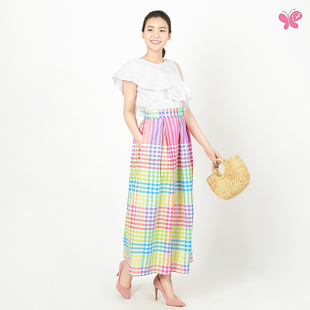 กระโปรงยาวจีบทวิสต์ [Papillon] Women Blooming Maxi Skirt เอวยางยืดด้านซ้ายและขวา กระเป่า2ข้าง จากผ้าทอลายผ้าขาวม้าไทย