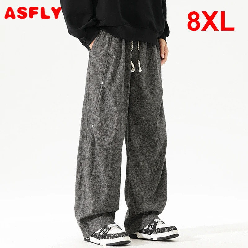 ASFLY Vintage Straight Pants Men 8XL Plus Size Cargo Pants Fashion Casual Stretch เอวกางเกงขนาดใหญ่ 