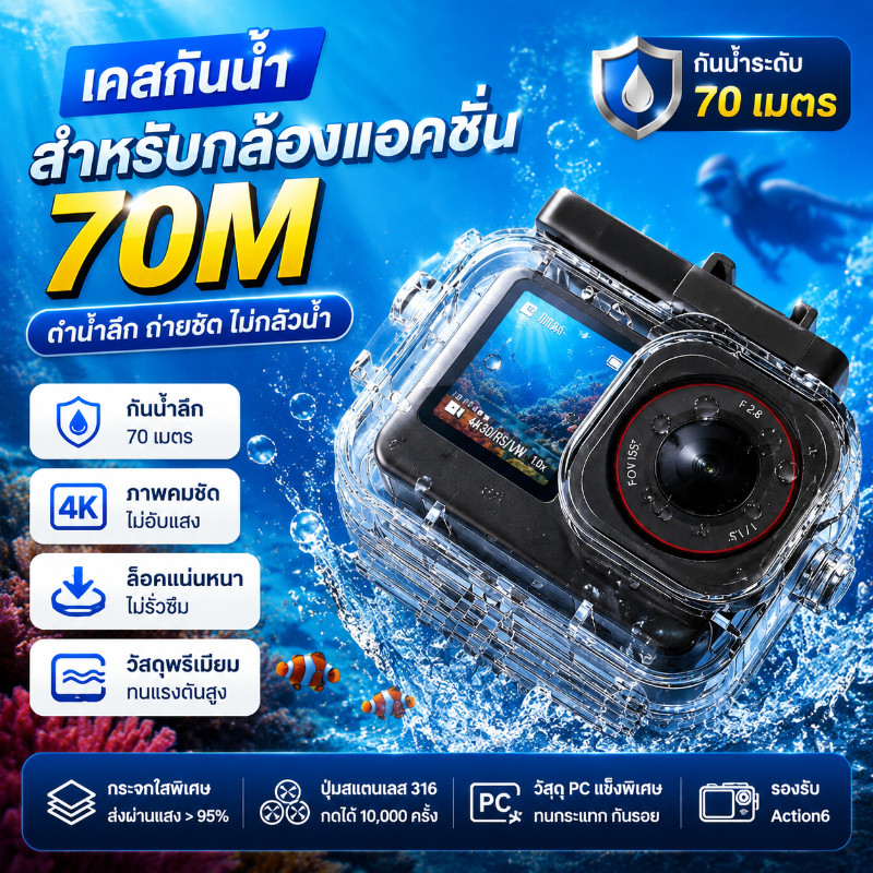COD เคสกันน้ำใสสำหรับ DJI Action 3/4/5Pro/6 กันกระแทก ฝาครอบป้องกันกล้อง สำหรับถ่ายใต้น้ำและกิจกรรมกลางแจ้ง