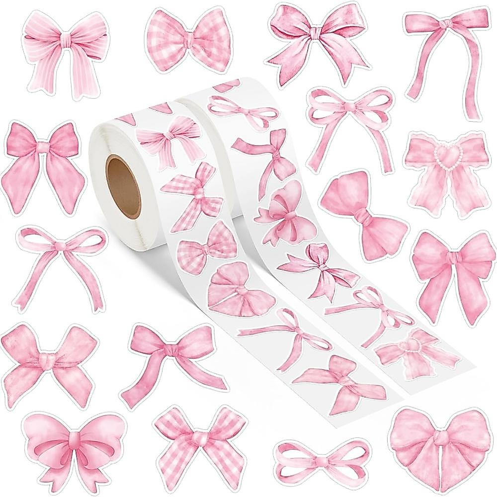 สีชมพู Bows สติกเกอร์ม้วน - 500 ชิ้น/ม้วน Coquette สีชมพู Bows สติกเกอร์ไวนิลกันน้ํา Girly Aesthetic Decal สําหรับของขวัญแล็ปท็อปขวด Scrapbooking กระเป๋าเดินทางคอมพิวเตอร์ซองจดหมาย Decor