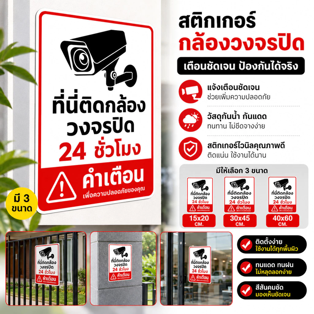 ZZ HOME01 สติ๊กเกอร์ที่นี่ติดกล้องวงจรปิด 24 ชั่วโมงสติ๊กเกอร์ กันน้ำ ทนเเดด เนื้อพลาสติกฉีกไม่ขาดกันน้ำ