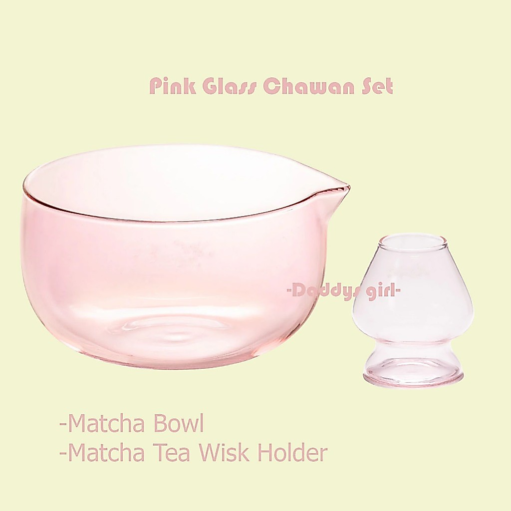 พร้อมส่ง🍵เซตชงมัทฉะ Pink Glass Chawan งานถ้วยแก้วปากริน + แท่นวาง Chasen คุณภาพดี สีสวย (Set 2 ชิ้น)