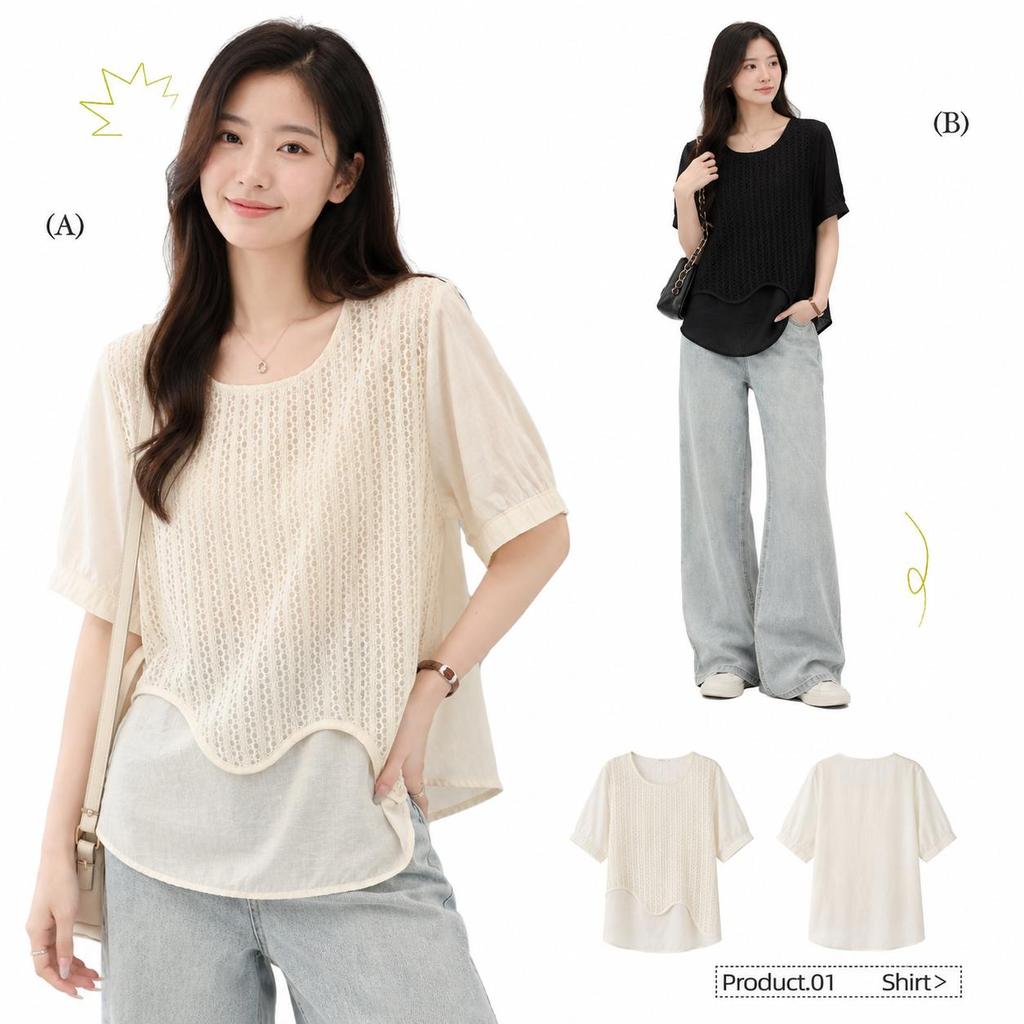 Chili Koko เสื้อแฟชั่นผู้หญิง เสื้อยืดแขนสั้น ดีไซน์ปลอม 2 ชั้น แต่งเว้าฉลุ เสื้อผ้าสาวอวบไซส์ใหญ่ 99487